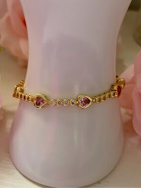 18K Gold Plated Pink Heart & CZ Bracelet – Romantic Tennis Style